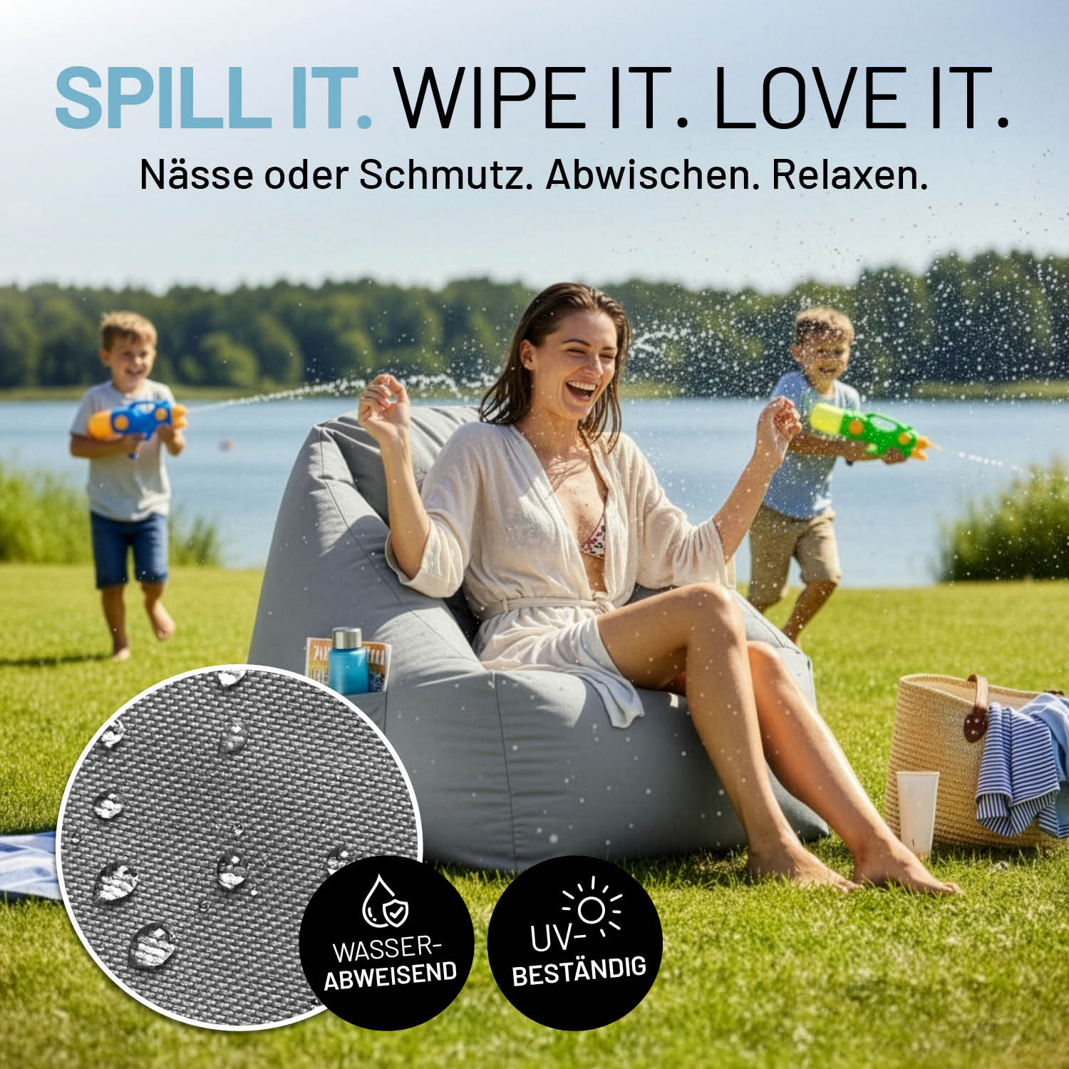 Frau entspannt auf CrozyAir Luftsessel inkl. Luftpumpe 2GO - 87 x 95 x 80/35 cm - Grau, wasserabweisend und UV-beständig im Freien.