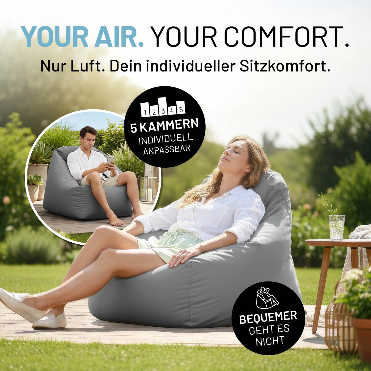 CrozyAir Luftsessel inkl. Luftpumpe 2GO - 87 x 95 x 80/35 cm - Grau, bequemer Sitz mit fünf anpassbaren Luftkammern.
