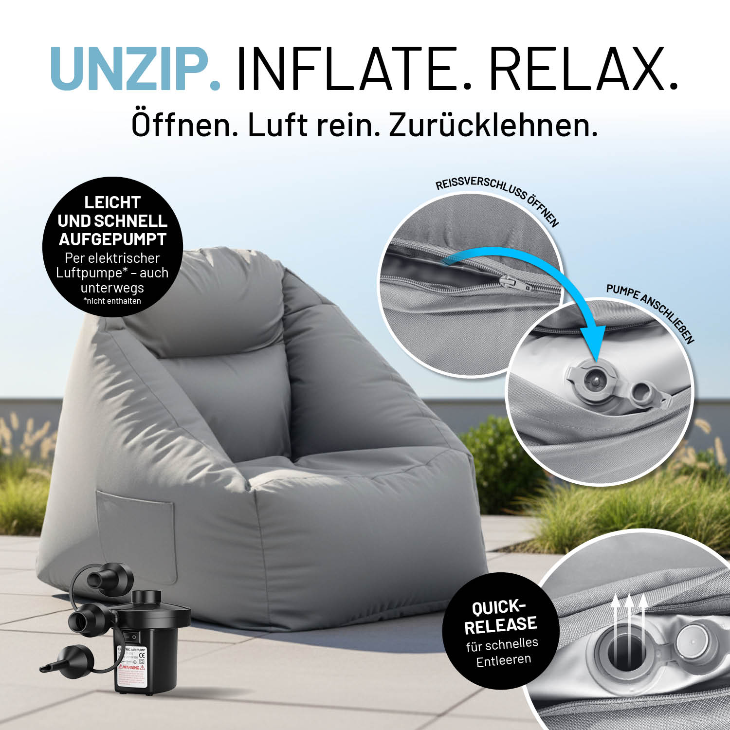 CrozyAir Relax-Set Luftsessel + Lufthocker - Grau mit praktischem Reißverschluss und Quick-Release für schnelles Aufpumpen und Entleeren.