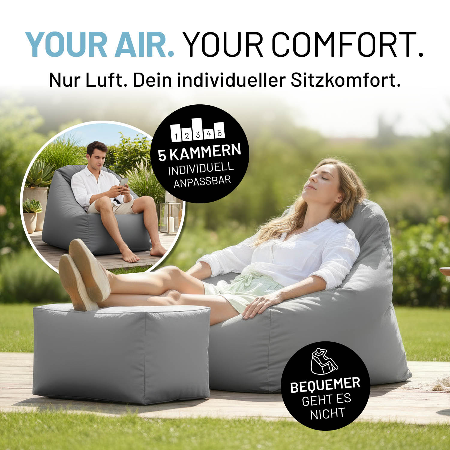 CrozyAir Relax-Set Luftsessel + Lufthocker - Grau mit anpassbarem Luftkomfort für entspanntes Sitzen und Relaxen im Freien