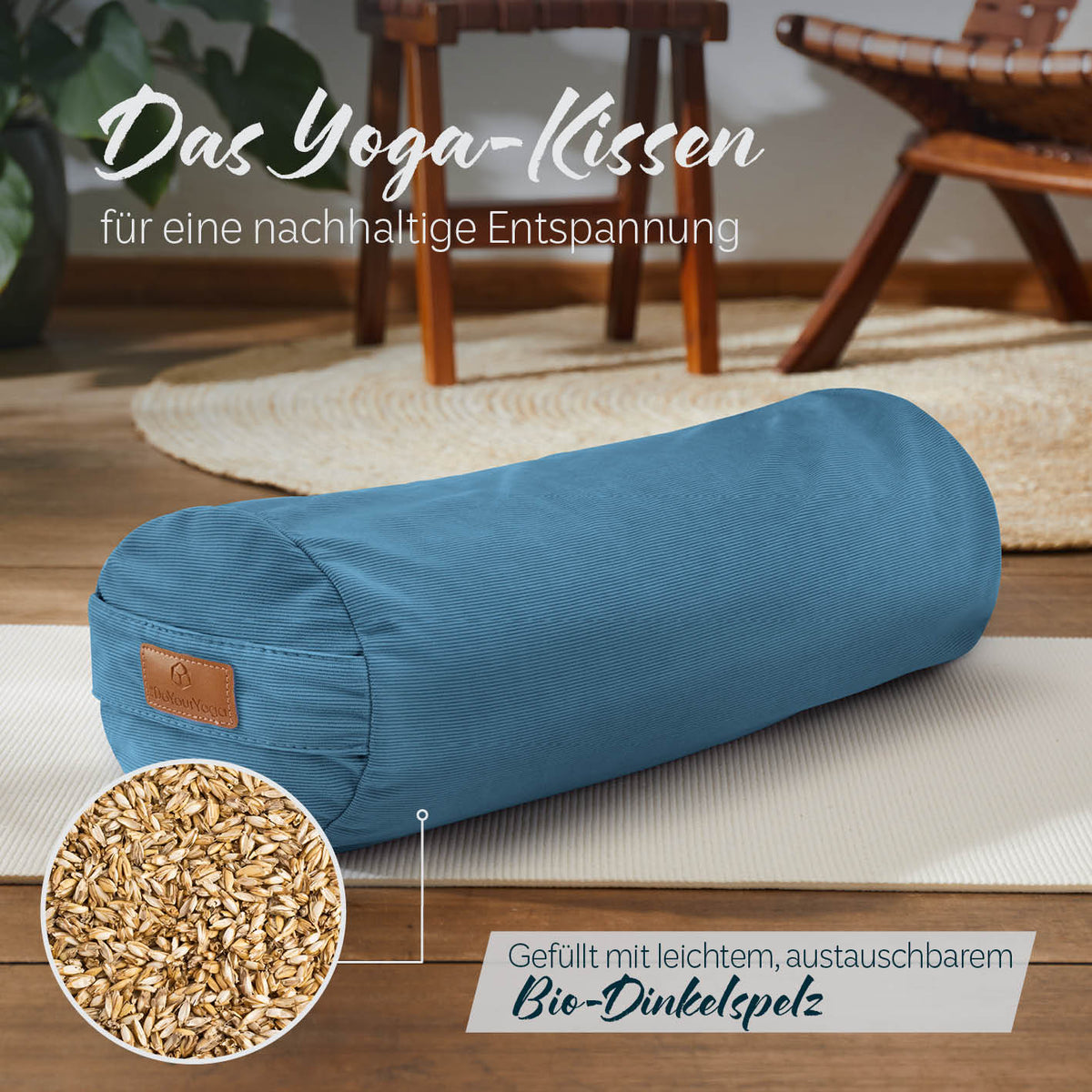 Yoga-Bolster Tarik - gefüllt mit Bio-Dinkelspelz - 68 x 22 x 22 cm - Blaugrün