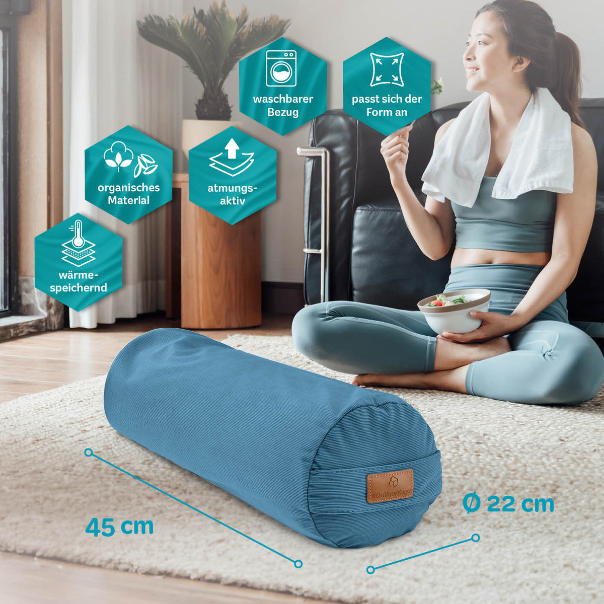Yoga-Bolster Tarik - gefüllt mit Bio-Dinkelspelz - 68 x 22 x 22 cm - Blaugrün