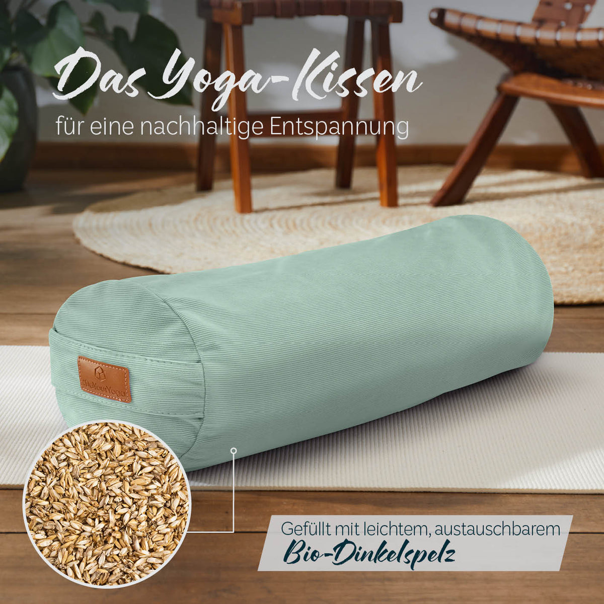 Yoga-Bolster Tarik - gefüllt mit Bio-Dinkelspelz - 68 x 22 x 22 cm - Pastellgrün
