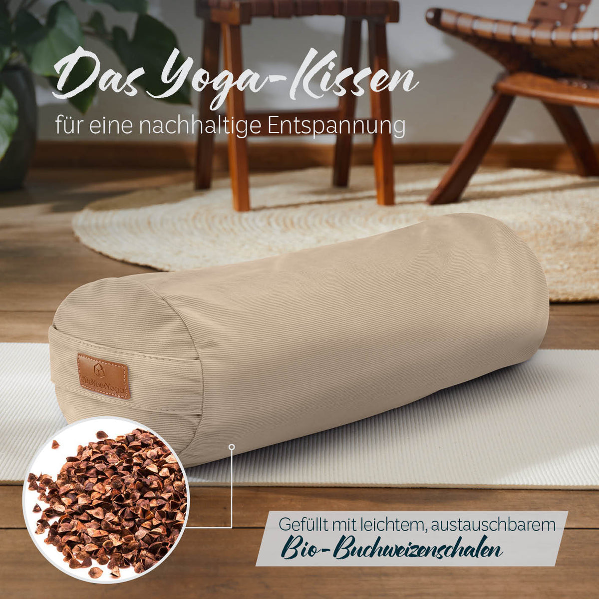Yoga-Bolster Tarik - gefüllt mit Bio-Buchweizenschalen - 68 x 22 x 22 cm - Creme