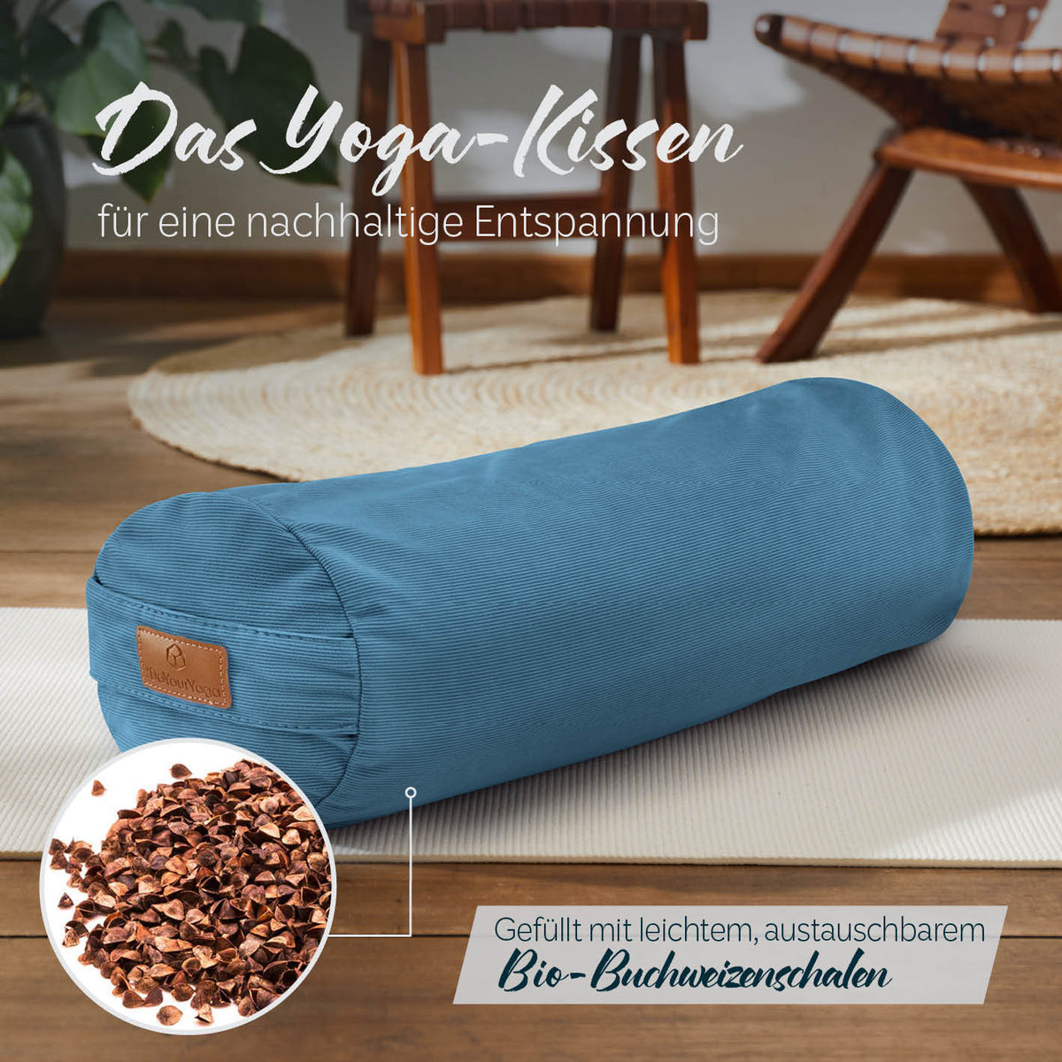 Yoga-Bolster Tarik - gefüllt mit Bio-Buchweizenschalen - 68 x 22 x 22 cm - Blaugrün