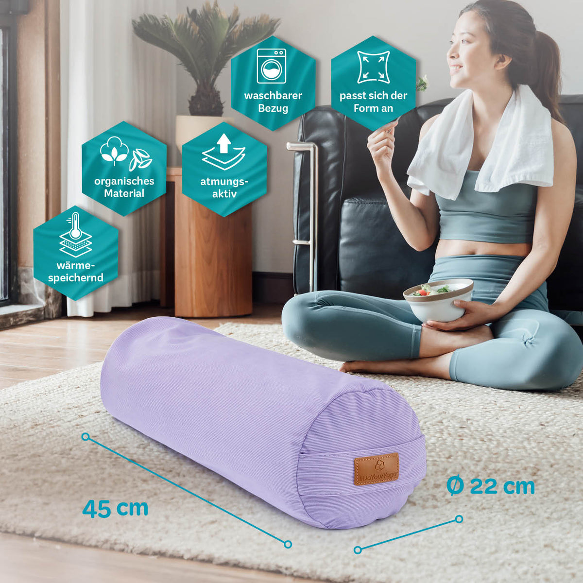 Yoga-Bolster Tarik - gefüllt mit Bio-Buchweizenschalen - 68 x 22 x 22 cm - Lila