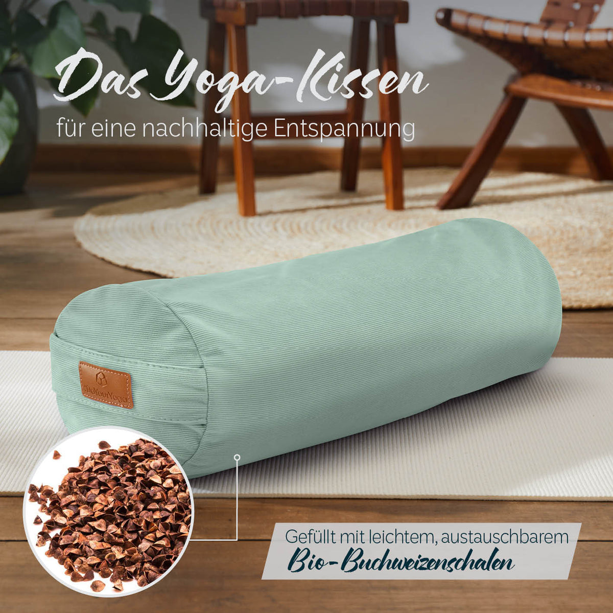 Yoga-Bolster Tarik - gefüllt mit Bio-Buchweizenschalen - 68 x 22 x 22 cm - Pastellgrün