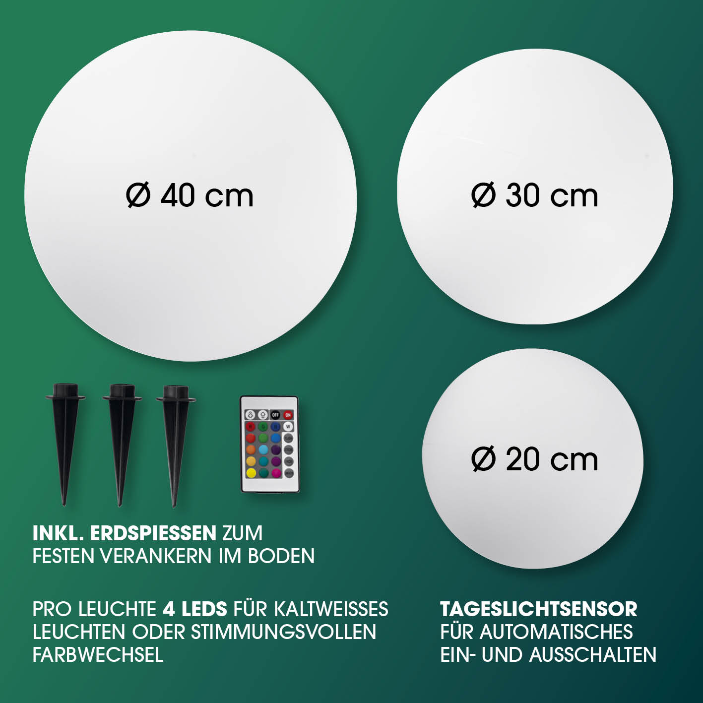 Solar-Dekokugel 3er-Set mit Fernbedienung - 20, 30, 40 cm