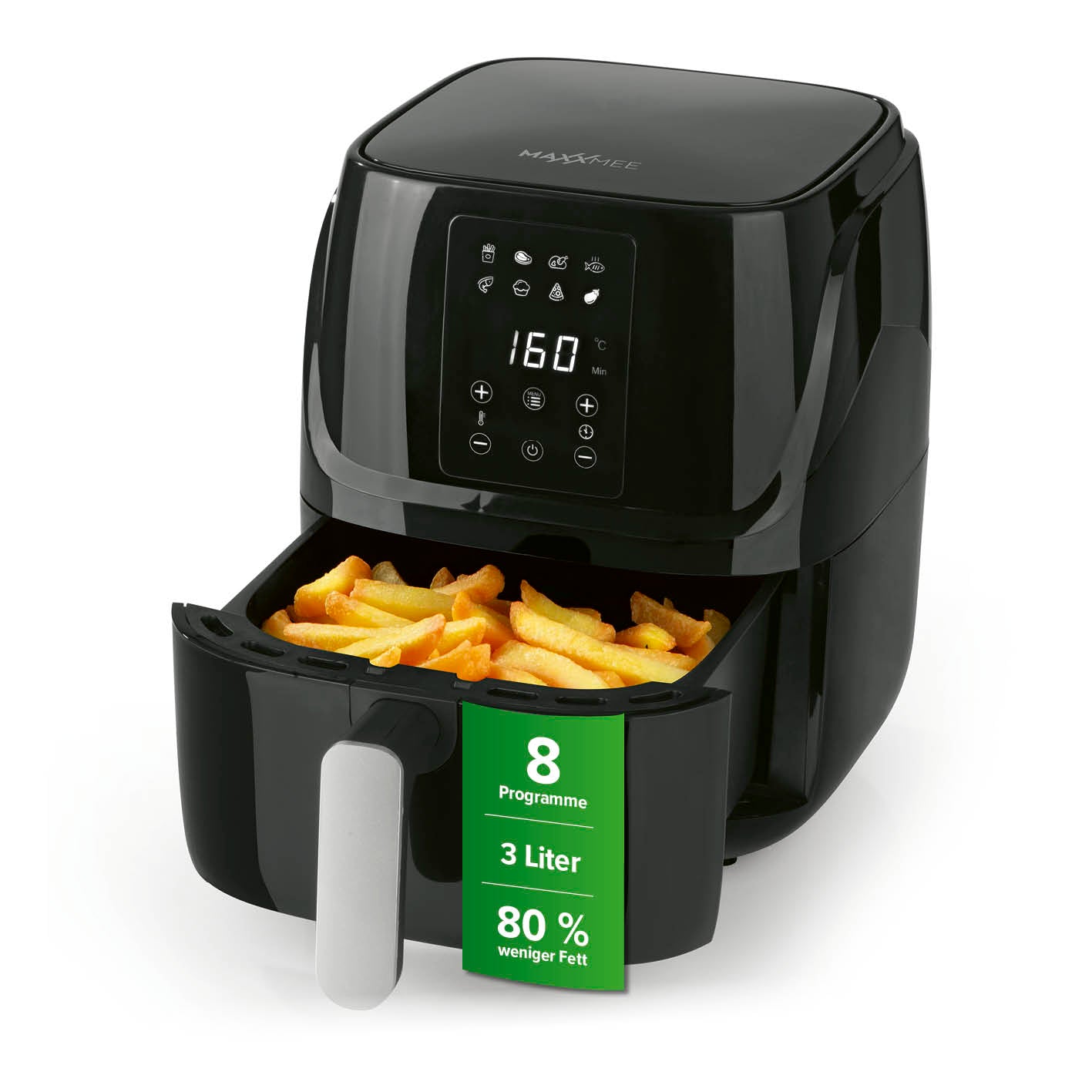 Heißluftfritteuse mit 3 Liter Fassungsvermögen, 8 Programmen und fettarmem Frittieren für knusprige Pommes.