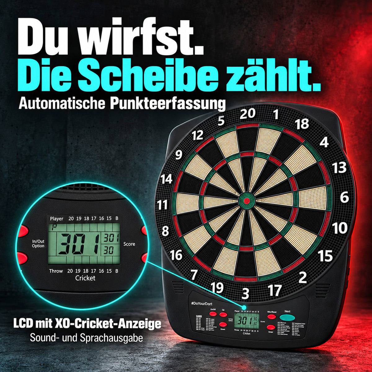 Elektro-Dartscheibe - inkl. 12 Darts mit Flights