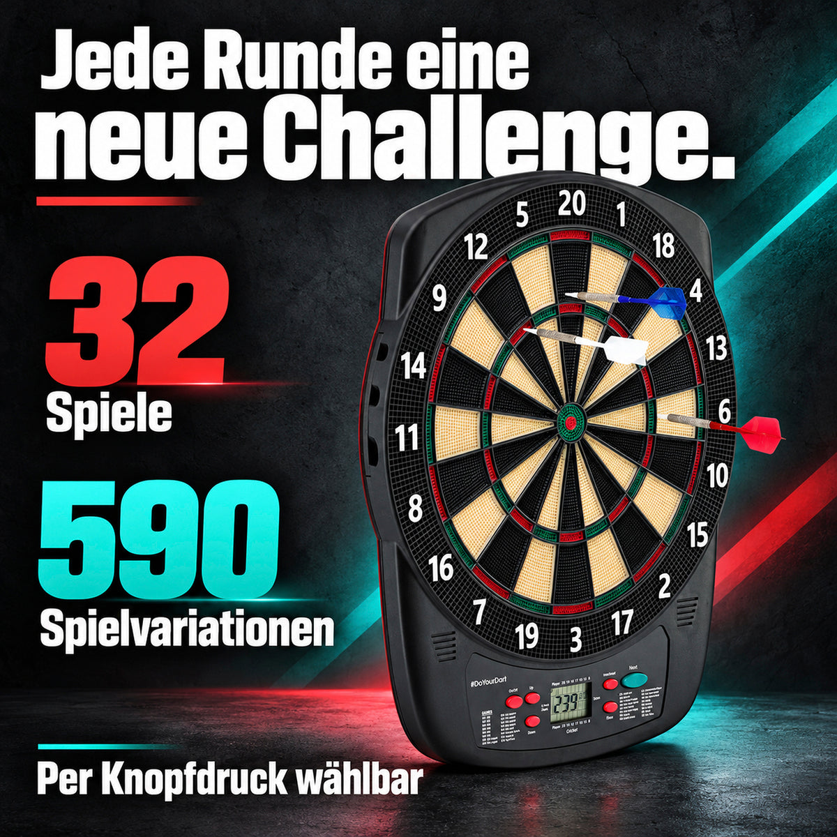 Elektro-Dartscheibe - inkl. 12 Darts mit Flights