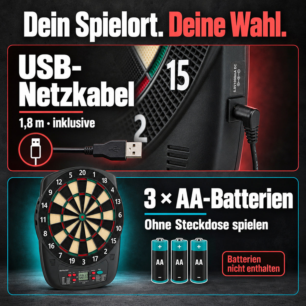 Elektro-Dartscheibe - inkl. 12 Darts mit Flights