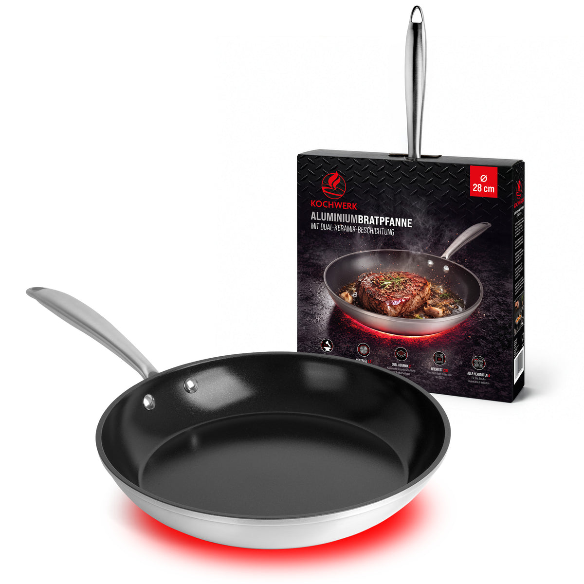 Aluminium-Bratpfanne mit Dual-Keramik-Beschichtung in Schwarz mit 28 cm Durchmesser und Verpackung