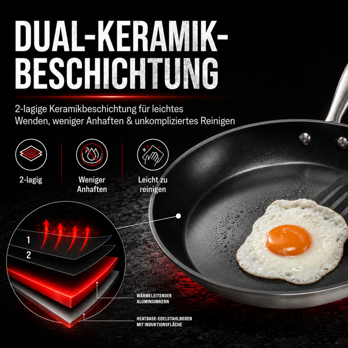 Infografik zur Aluminium-Bratpfanne mit Dual-Keramik-Beschichtung mit 2-lagiger Beschichtung für leichtes Wenden und einfaches Reinigen