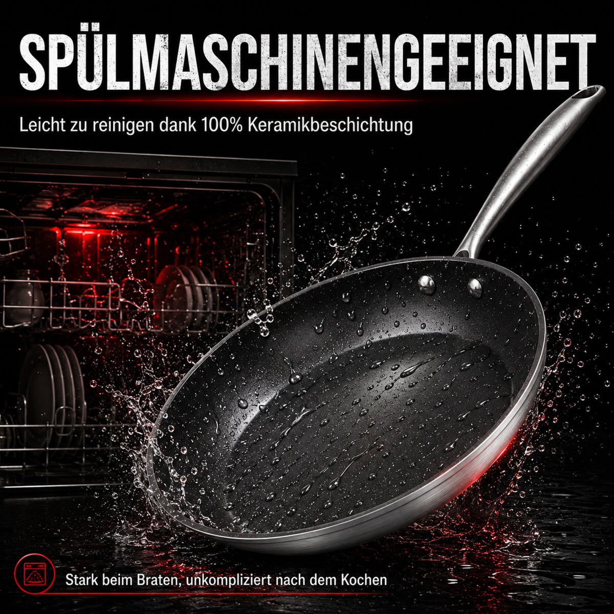 Aluminium-Bratpfanne mit Dual-Keramik-Beschichtung vor geöffneter Spülmaschine mit Wassertropfen und einfacher Reinigung