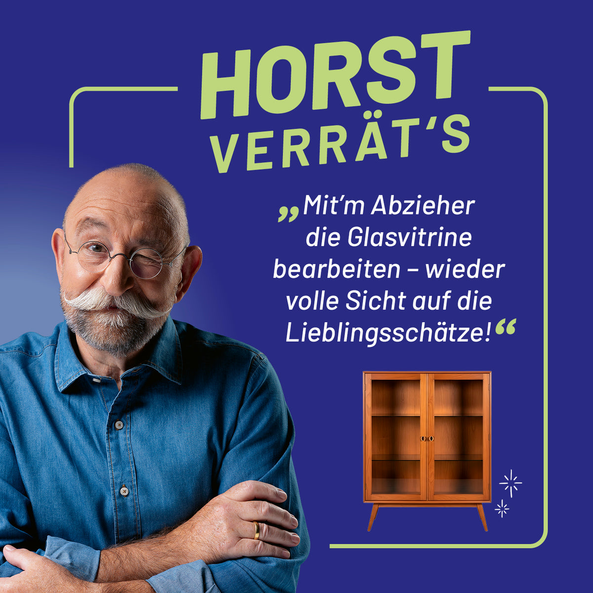 Reinigungsset Fenster - 8-tlg. - Grau/Blau mit Werbemotiv eines Mannes und einer Glasvitrine
