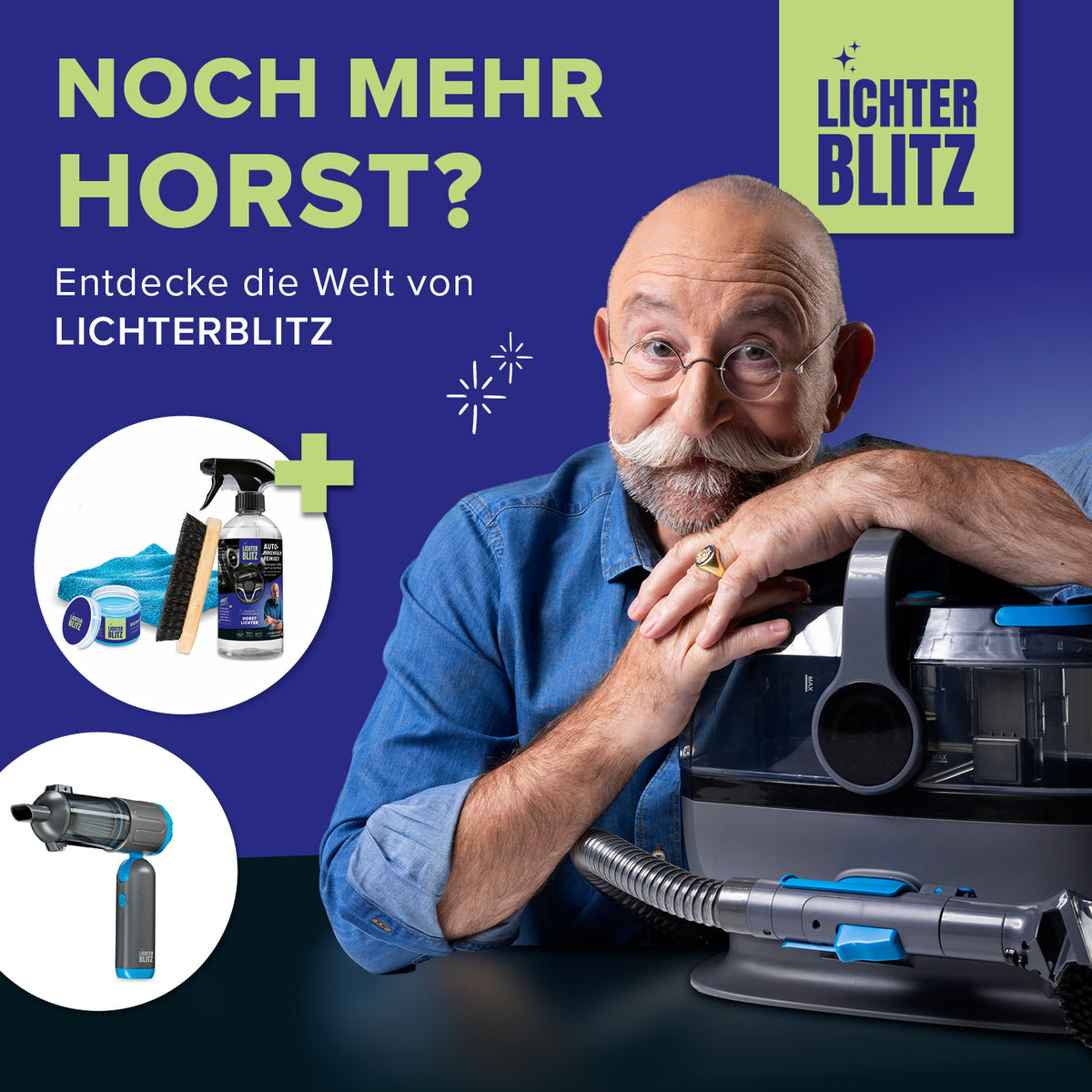 Reinigungsset Fenster - 8-tlg. - Grau/Blau in Werbegrafik mit Mann und Reinigungsgeräten