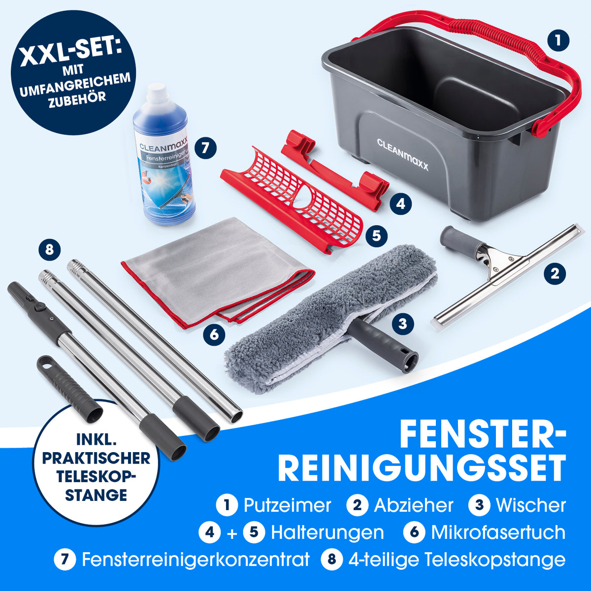 Fensterreiniger-Set Professional - 14-tlg. - Grau/Rot mit Putzeimer Abzieher Wischer Mikrofasertuch und Teleskopstange
