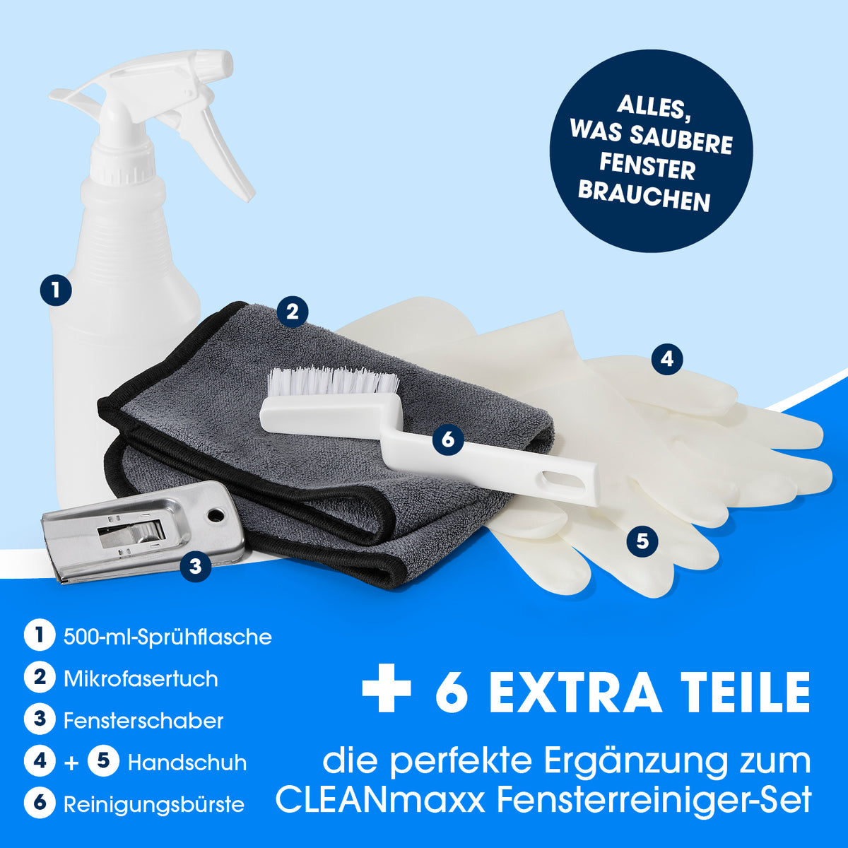 Fensterreiniger-Set Professional - 14-tlg. - Grau/Rot mit Sprühflasche Mikrofasertuch Schaber Handschuhen und Reinigungsbürste