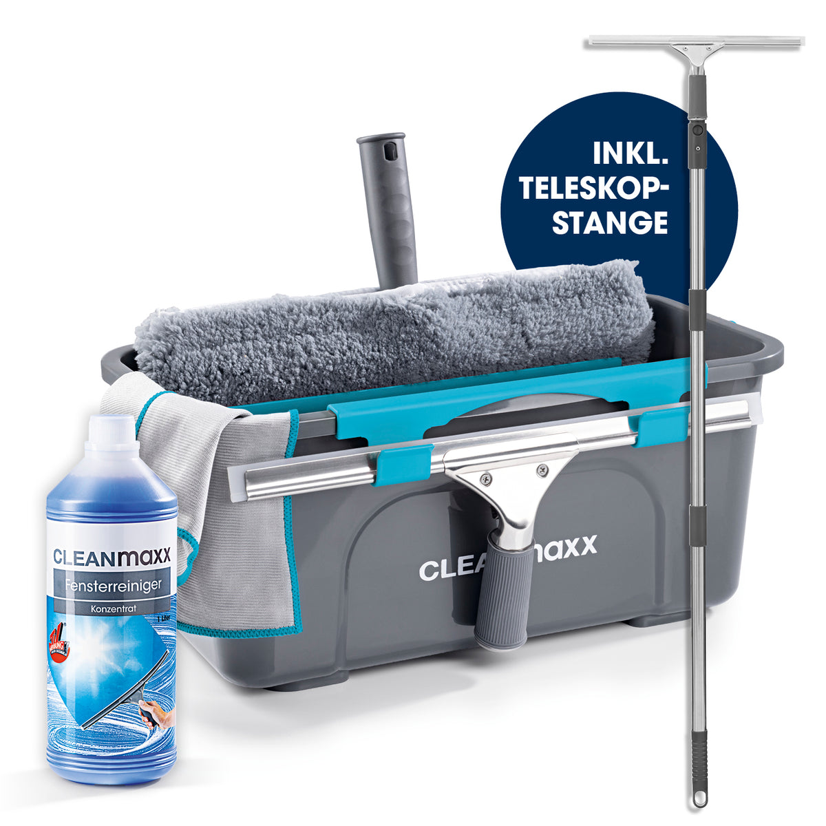 Fensterreiniger-Set - 8-tlg. - Grau/Blau mit Eimer Einwascher und Teleskopstange