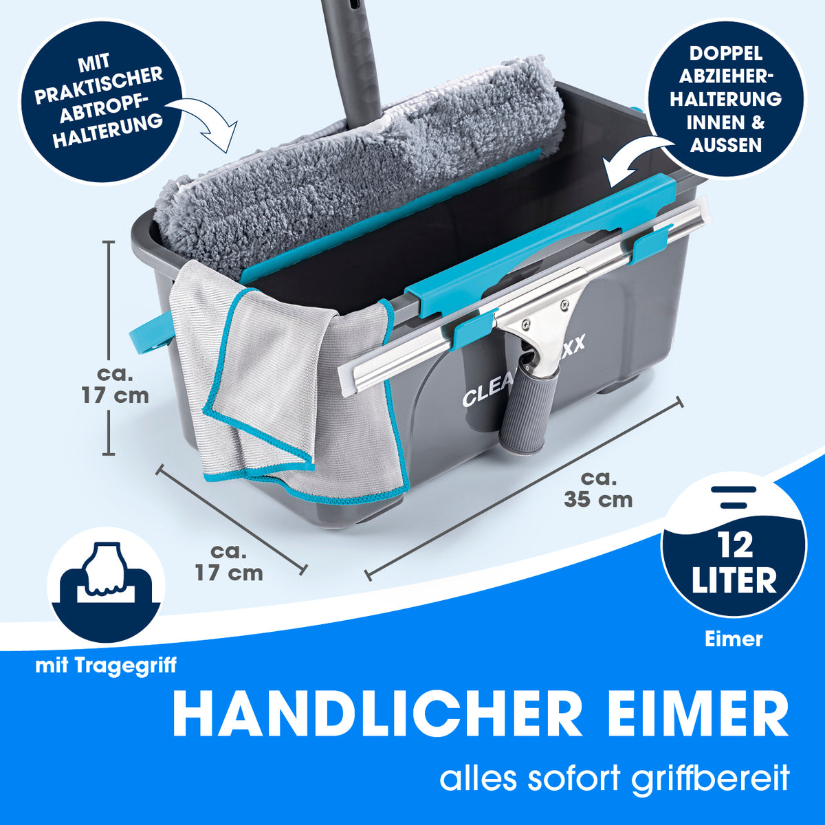 Maßgrafik: Fensterreiniger-Set - 8-tlg. - Grau/Blau mit Eimer und Abzieher. Maße ca. 35 x 17 x 17 cm. 12 Liter.