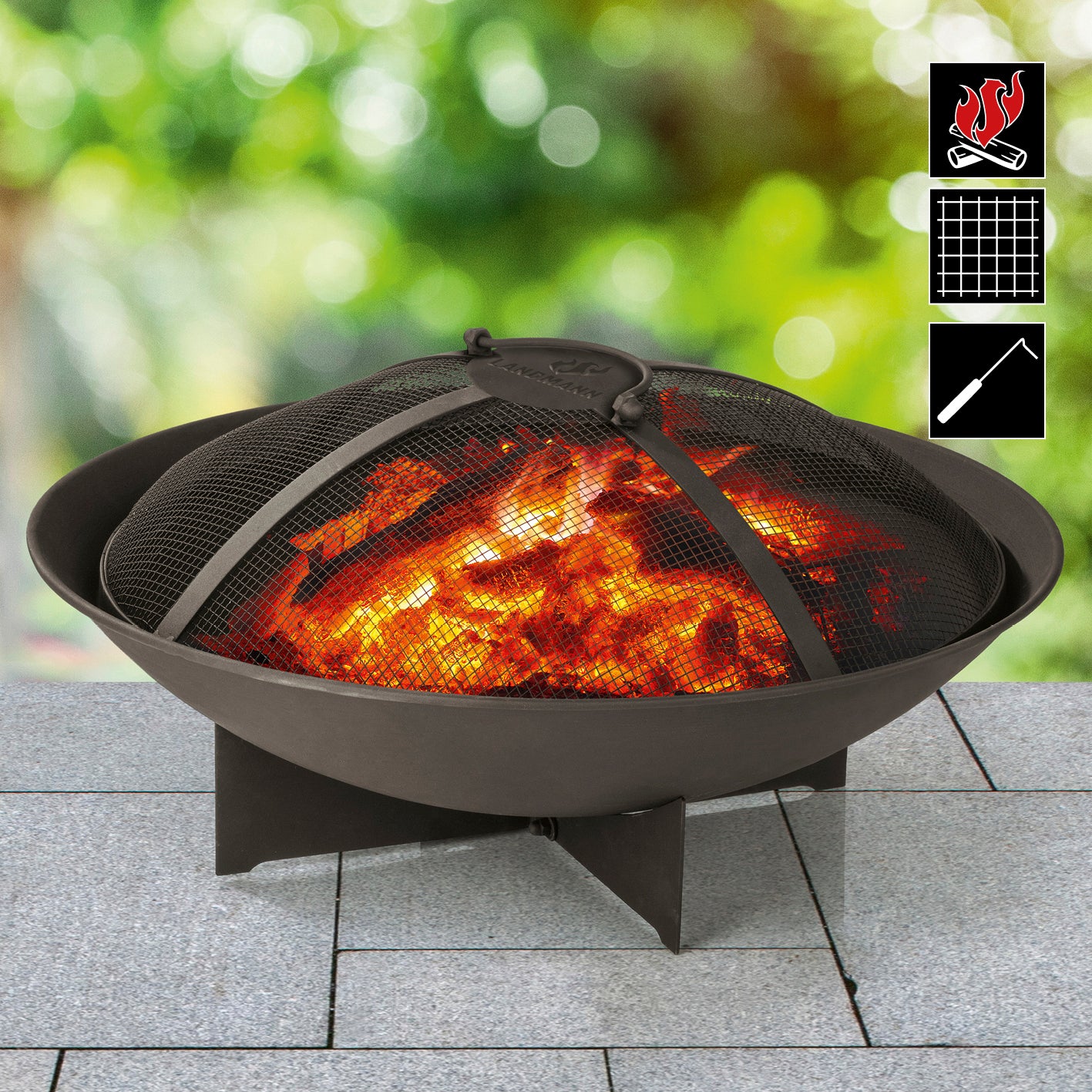 Feuerkorb - 60,5 cm - schwarz mit Funkenschutzgitter, stabilem Sockel und wetterfestem pulverbeschichteten Stahl.