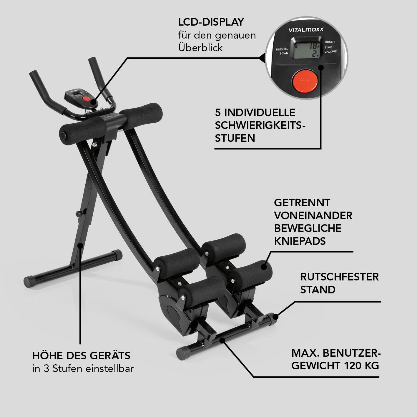 Trainingsgerät Abmaxx 6 mit LCD-Display, 5 Schwierigkeitsstufen, verstellbarer Höhe, rutschfestem Stand und beweglichen Kniepads