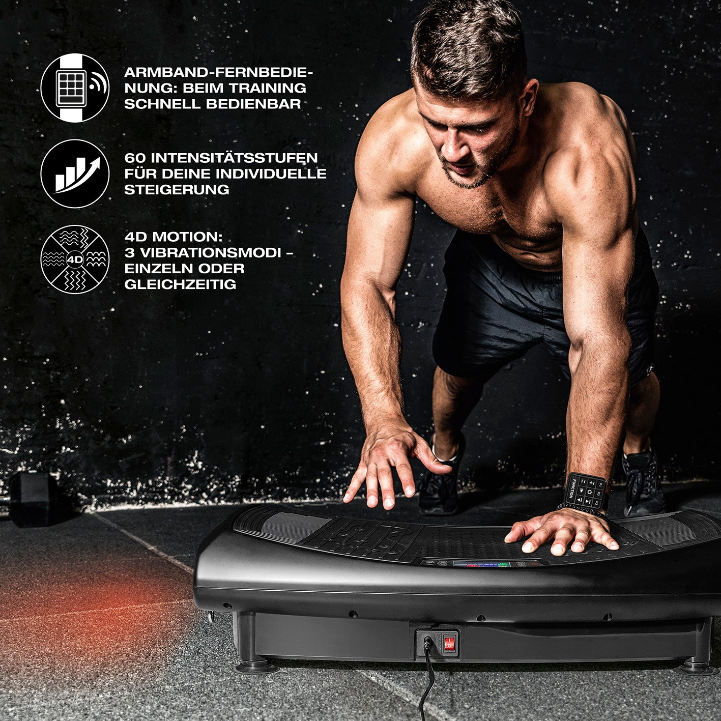 4D Vibrationsplatte - 3 Vibrationsmodi, 4D-Technologie & 60 Intensitätsstufen zeigt Mann beim intensivem Training mit Fernbedienung.