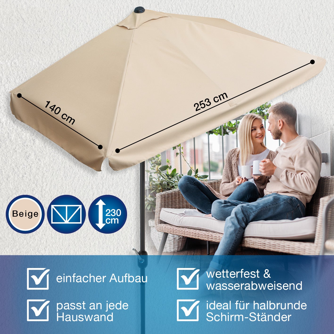 EASYmaxx Sonnenschirm - rechteckig, beige, 230x140x253 cm, platzsparend, wetterfest, UV-Schutz 40+, ideale Lösung für kleine Balkone.