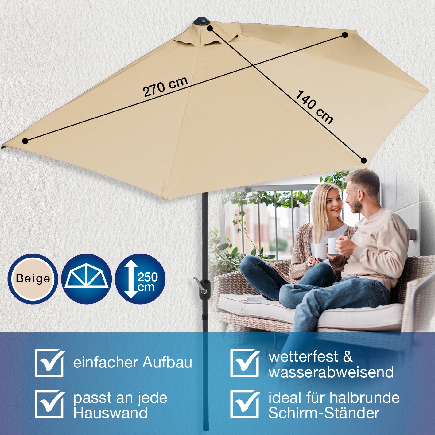 EASYmaxx Sonnenschirm halbrund beige, 270x140 cm, platzsparend, wetterfest, UV-Schutz 40+, ideal für kleine Terrassen und Balkone.