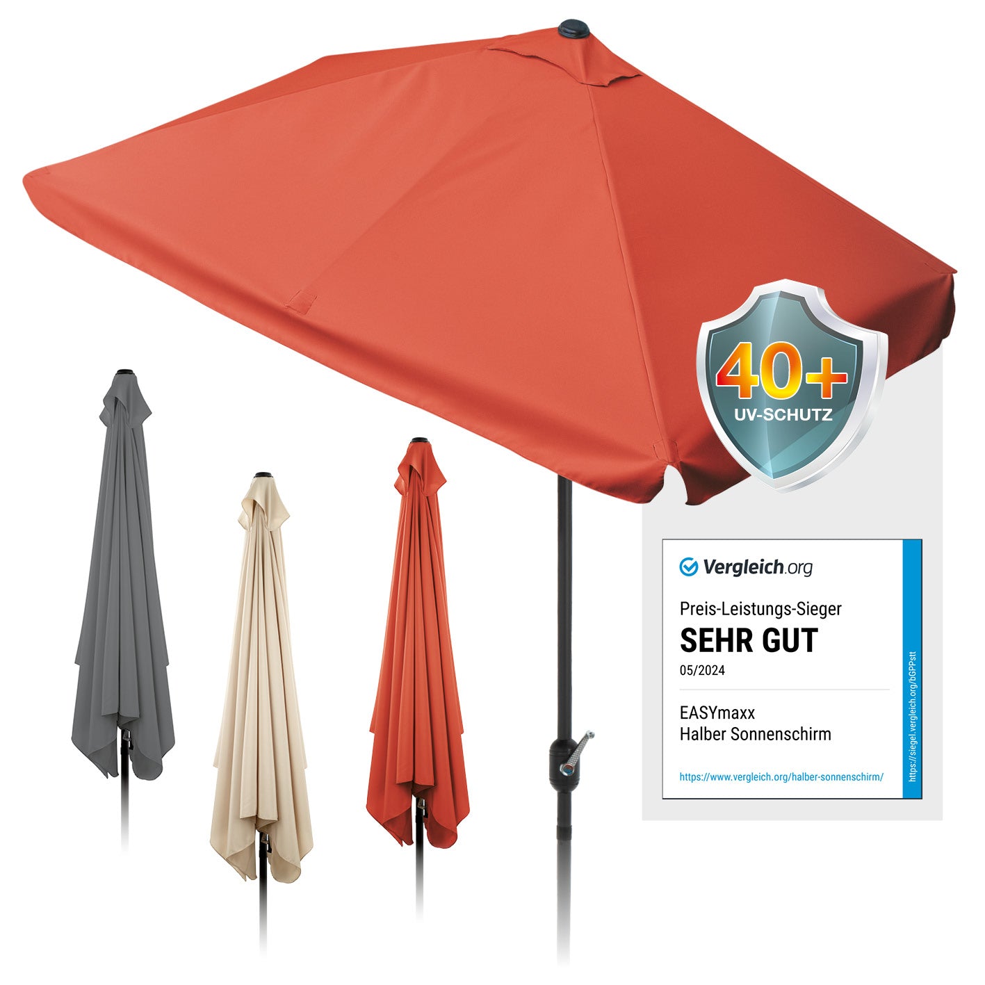 EASYmaxx Sonnenschirm - rechteckig, terrakottafarben, UV-Schutz 40+, platzsparend, handkurbel, ideal für kleine Balkone und Terrassen.