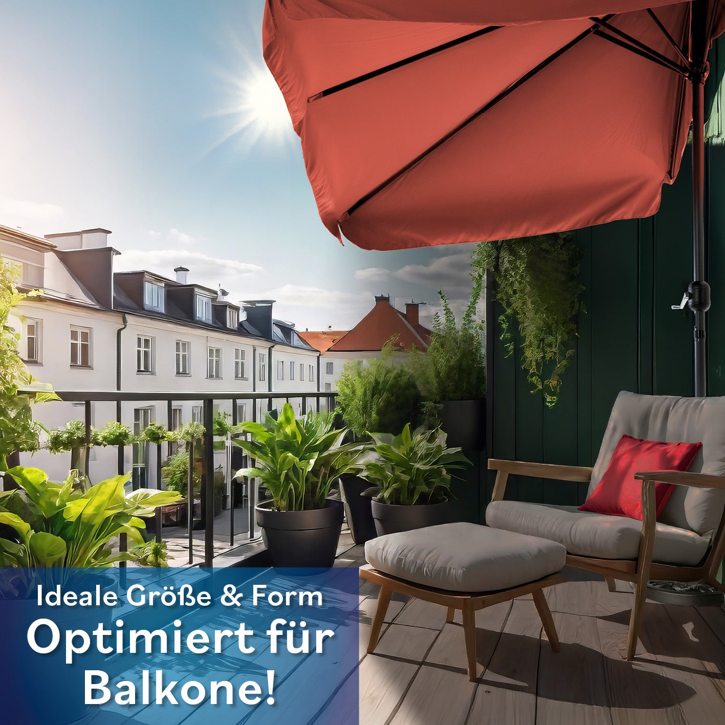 EASYmaxx Sonnenschirm rechteckig terrakottafarben, platzsparend, UV-Schutz 40+, ideal für Balkone und kleine Terrassen, Handkurbel, wetterfest.
