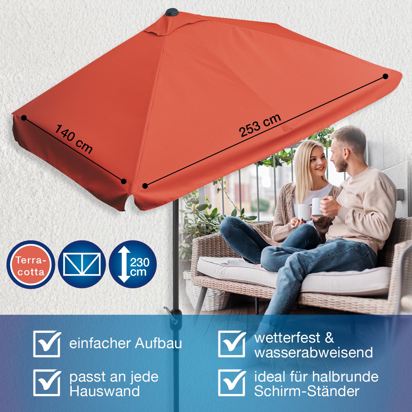 EASYmaxx Sonnenschirm rechteckig terrakottafarben 230x140x253 cm, platzsparend, wetterfest, UV-Schutz 40+, für kleine Balkone ideal.