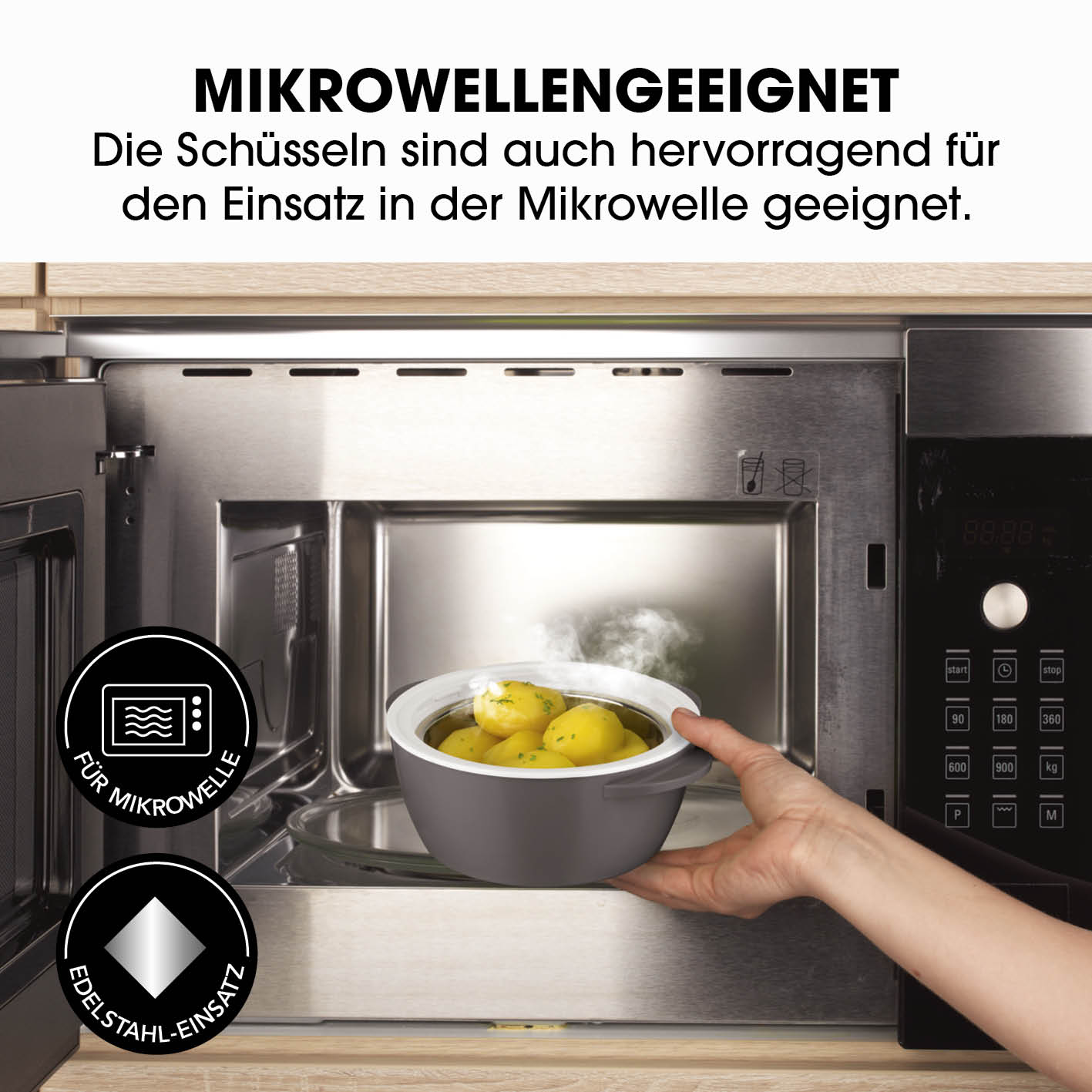 Thermo-Schüssel Mikrowelle 850 ml grau/weiß mit Edelstahl-Einsatz, mikrowellengeeignet zum Erwärmen und Warmhalten von Speisen.
