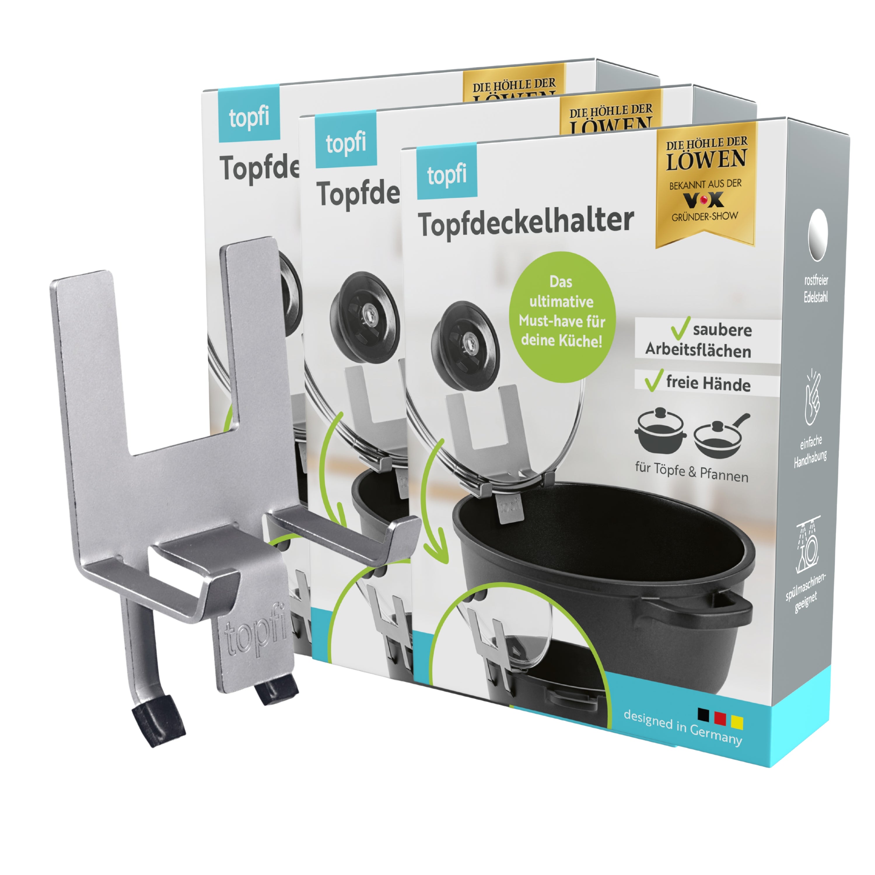 Topfdeckelhalter für Töpfe & Pfannen - 3er-Set aus Edelstahl mit Silikonfüßen, platzsparend und für Töpfe von 16-30 cm geeignet.