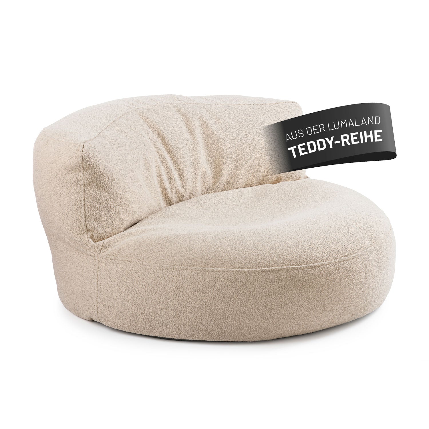 Sitzsack Lounge aus der LUMALAND Teddy-Reihe - Beige, kompakt, plüschig, rund, mit weicher Füllung und robustem Boden.
