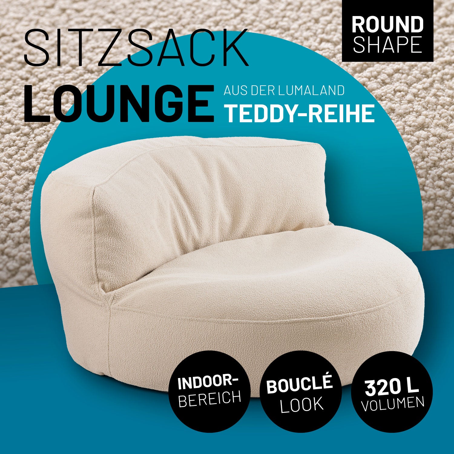 Sitzsack Lounge aus der LUMALAND Teddy-Reihe - Beige, rund, 320 L Volumen, softes Bouclé, ideal für Indoor und geschützten Outdoor-Bereich.