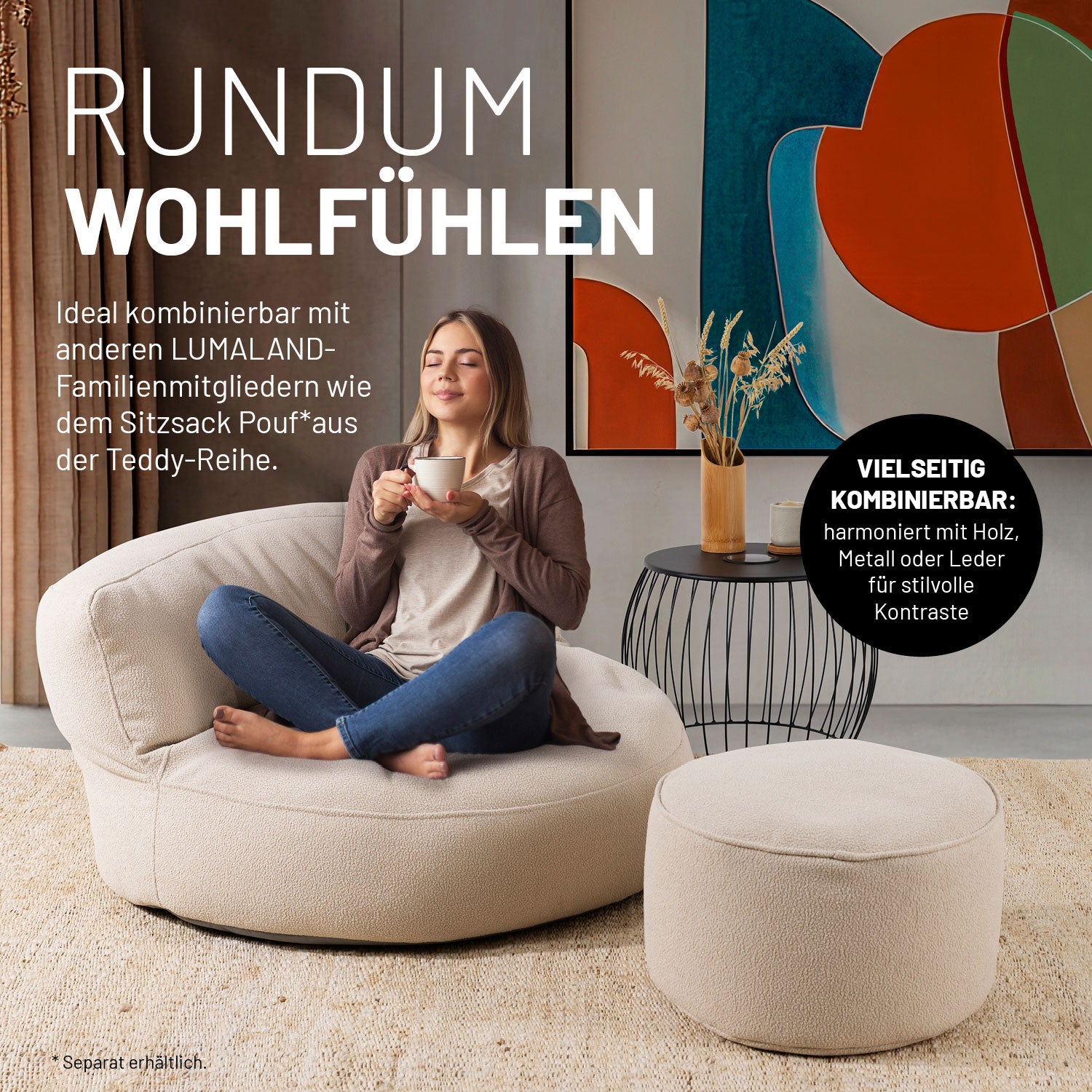 Sitzsack Lounge aus der LUMALAND Teddy-Reihe - Beige, kompaktes, plüschiges Sitzsofa, ideal für modernes Wohnen und entspanntes Sitzen.