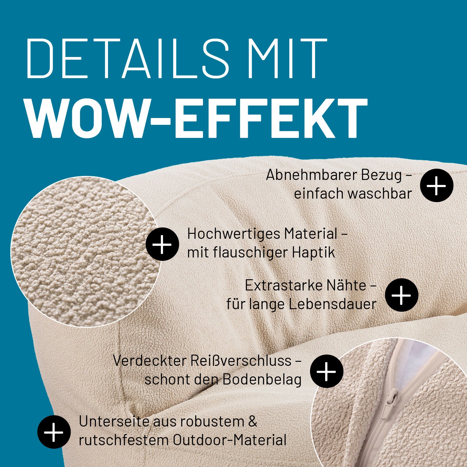 Sitzsack Lounge aus der LUMALAND Teddy-Reihe - Beige mit abnehmbarem, waschbarem Bezug und robustem Outdoor-Material für lange Lebensdauer.