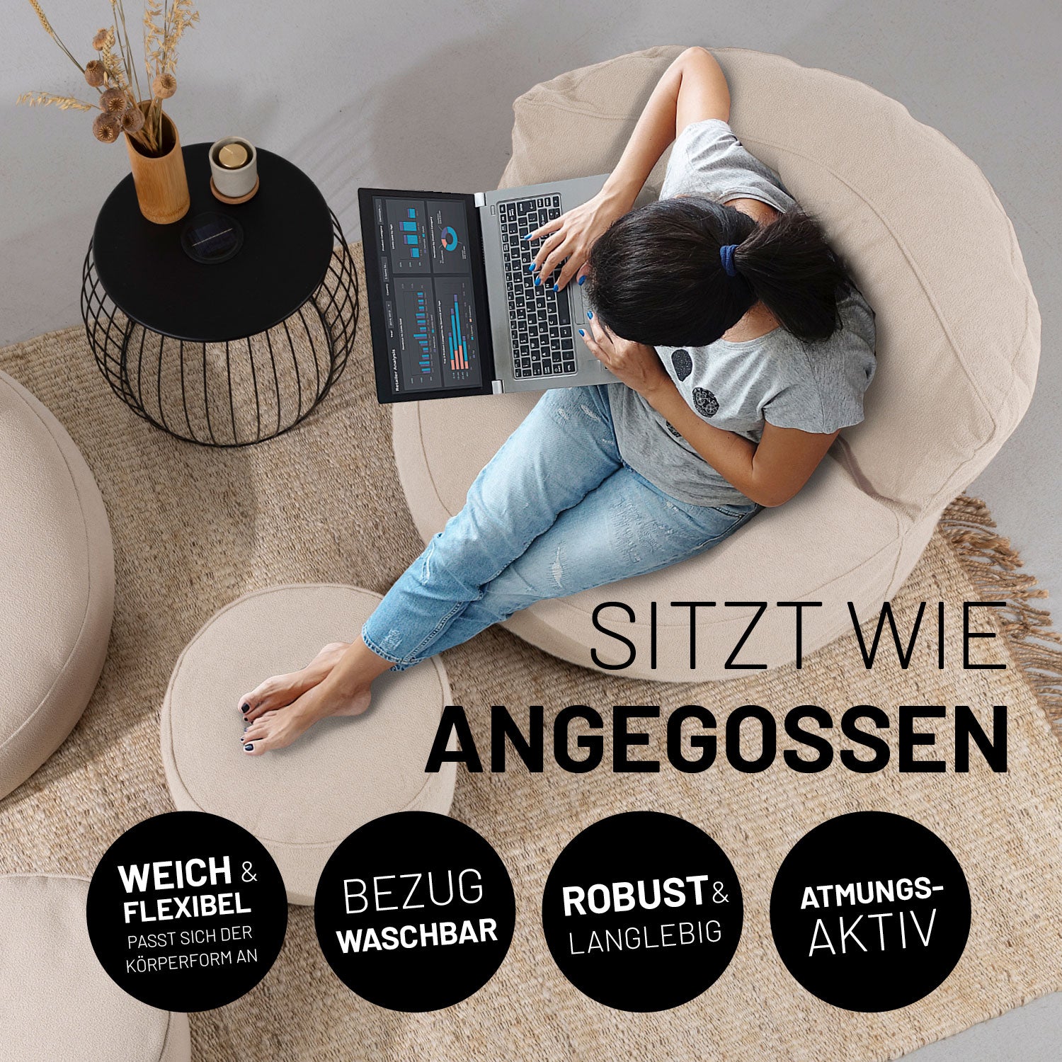 Sitzsack Lounge aus der LUMALAND Teddy-Reihe - Beige mit weichem, flexiblem Bezug, robustem Boden und atmungsaktivem Design für hohen Sitzkomfort.