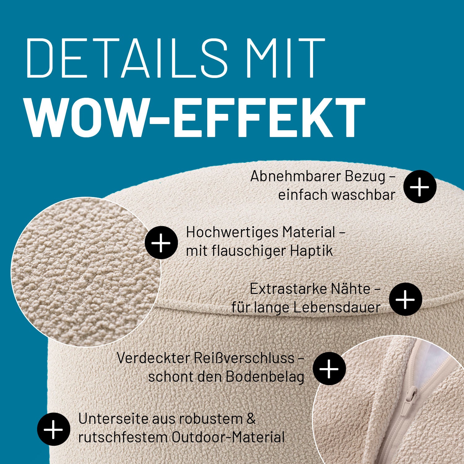 Sitzsack Pouf aus der LUMALAND Teddy-Reihe - Beige