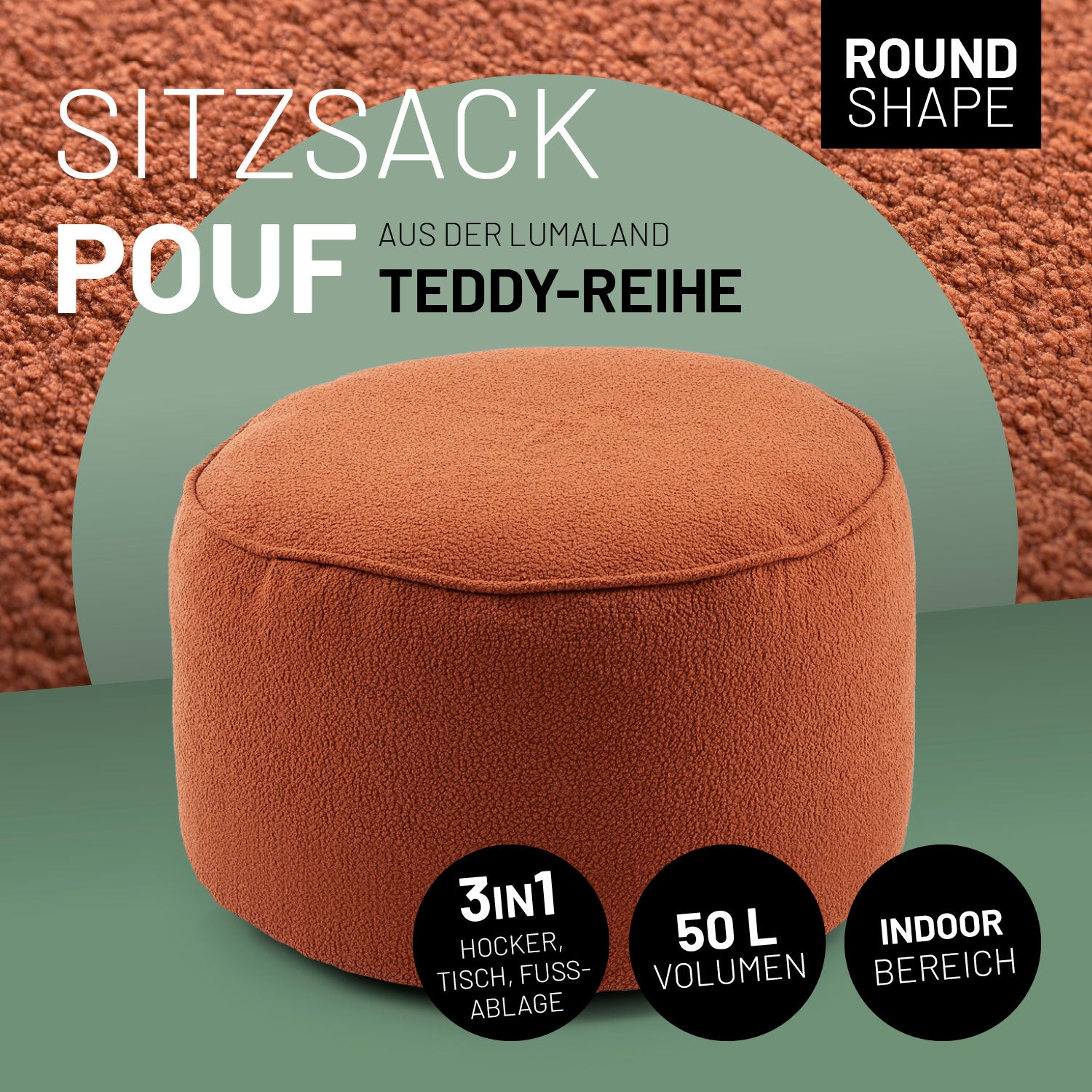 Sitzsack Pouf aus der LUMALAND Teddy-Reihe - Terracotta, kompakter 50L Sitzhocker mit plüschigem Bezug für Indoor und Outdoor.