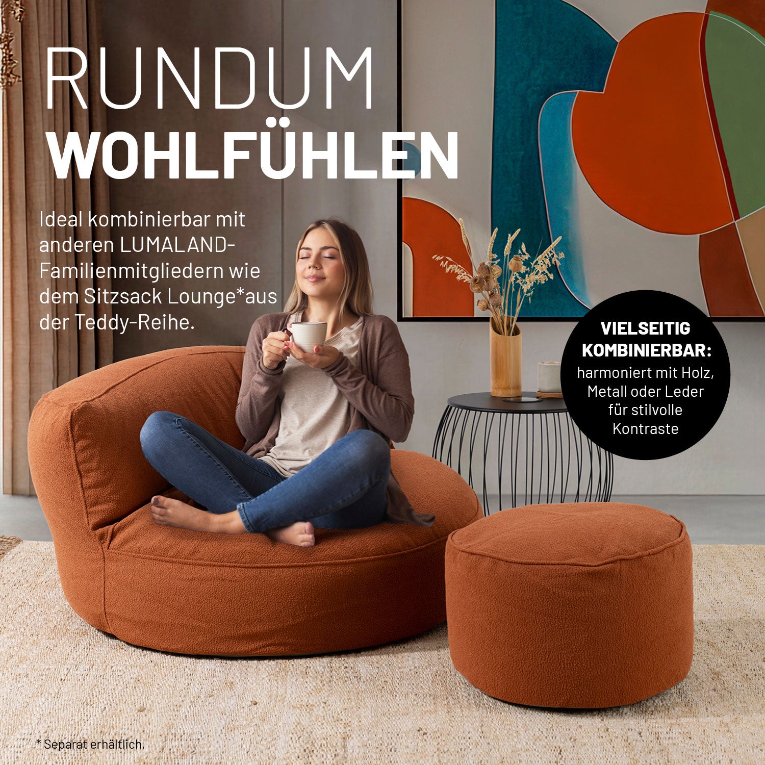 Sitzsack Pouf aus der LUMALAND Teddy-Reihe - Terracotta, kompakt, plüschig, vielseitig nutzbar als Sitzhocker, Fußschemel und Ablage