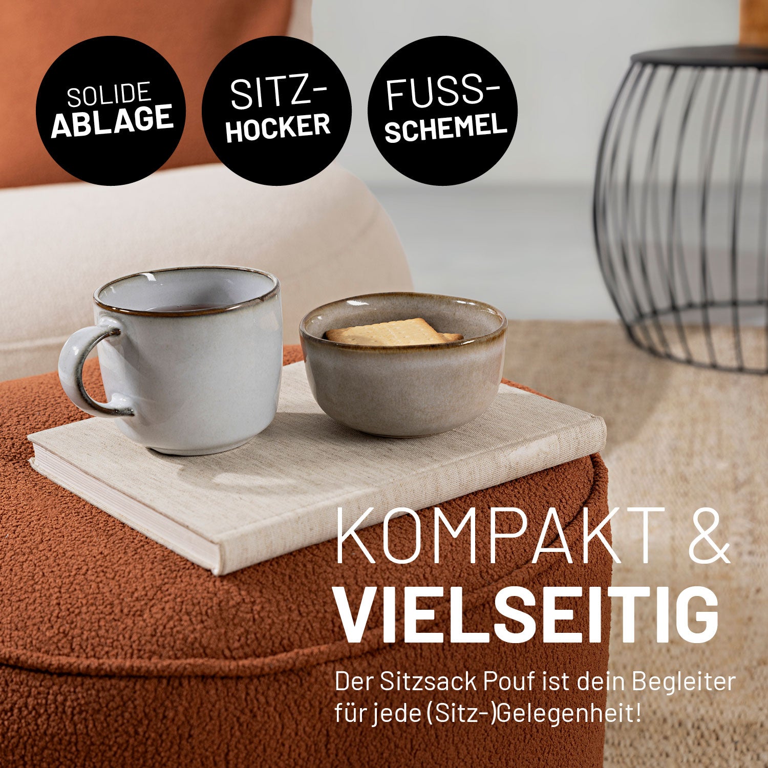 Sitzsack Pouf aus der LUMALAND Teddy-Reihe Terracotta als kompakter Sitzhocker, Fußschemel und Ablage mit robustem Bezug.