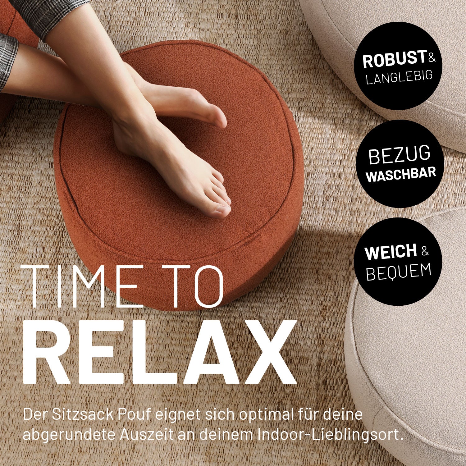 Sitzsack Pouf aus der LUMALAND Teddy-Reihe - Terracotta als weicher Fußschemel und Sitzhocker für gemütliche Momente zuhause.