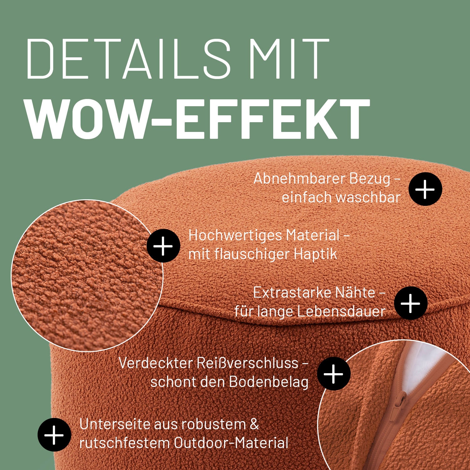 Sitzsack Pouf aus der LUMALAND Teddy-Reihe - Terracotta mit waschbarem Bezug, flauschiger Haptik und robustem, rutschfestem Outdoor-Materialboden.
