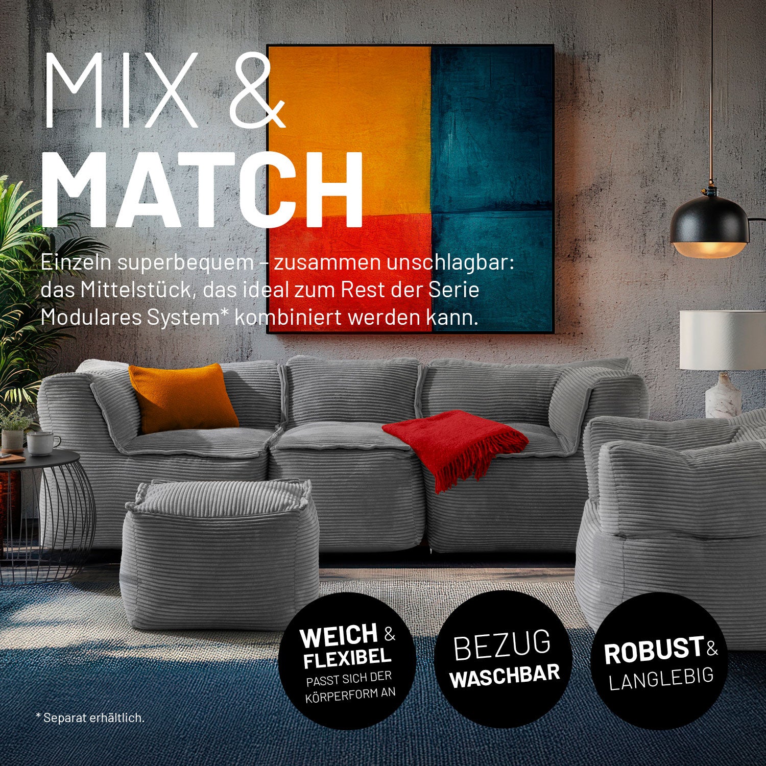 Modulares Mittelteil aus der Cord-Reihe - Grau, weich, flexibel, waschbar und robust, ideal zum Kombinieren im modernen Wohnambiente.