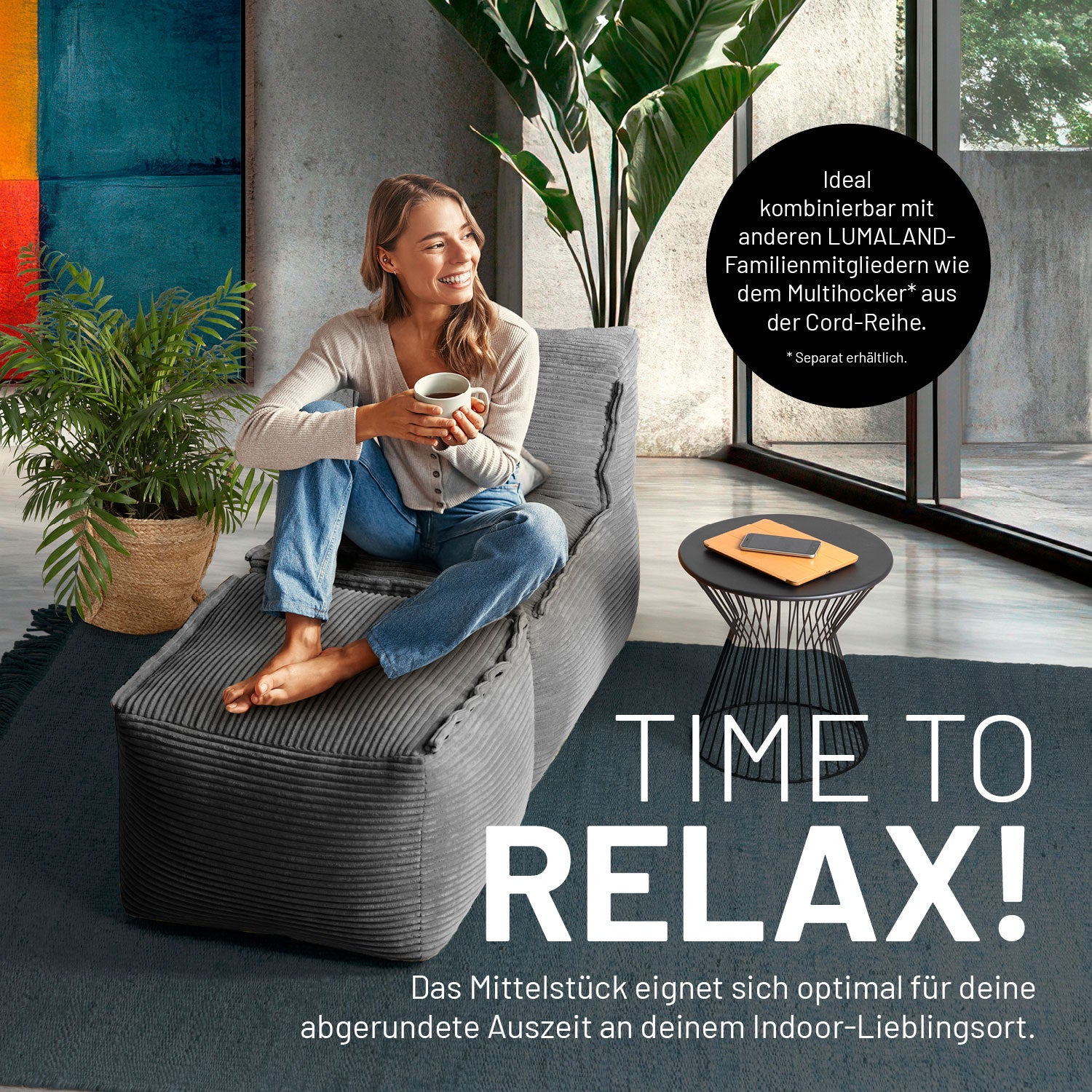 Modulares Mittelteil aus der Cord-Reihe - Grau mit geripptem Stoff, waschbarem Bezug und robuster Unterseite für gemütliches Relaxen.
