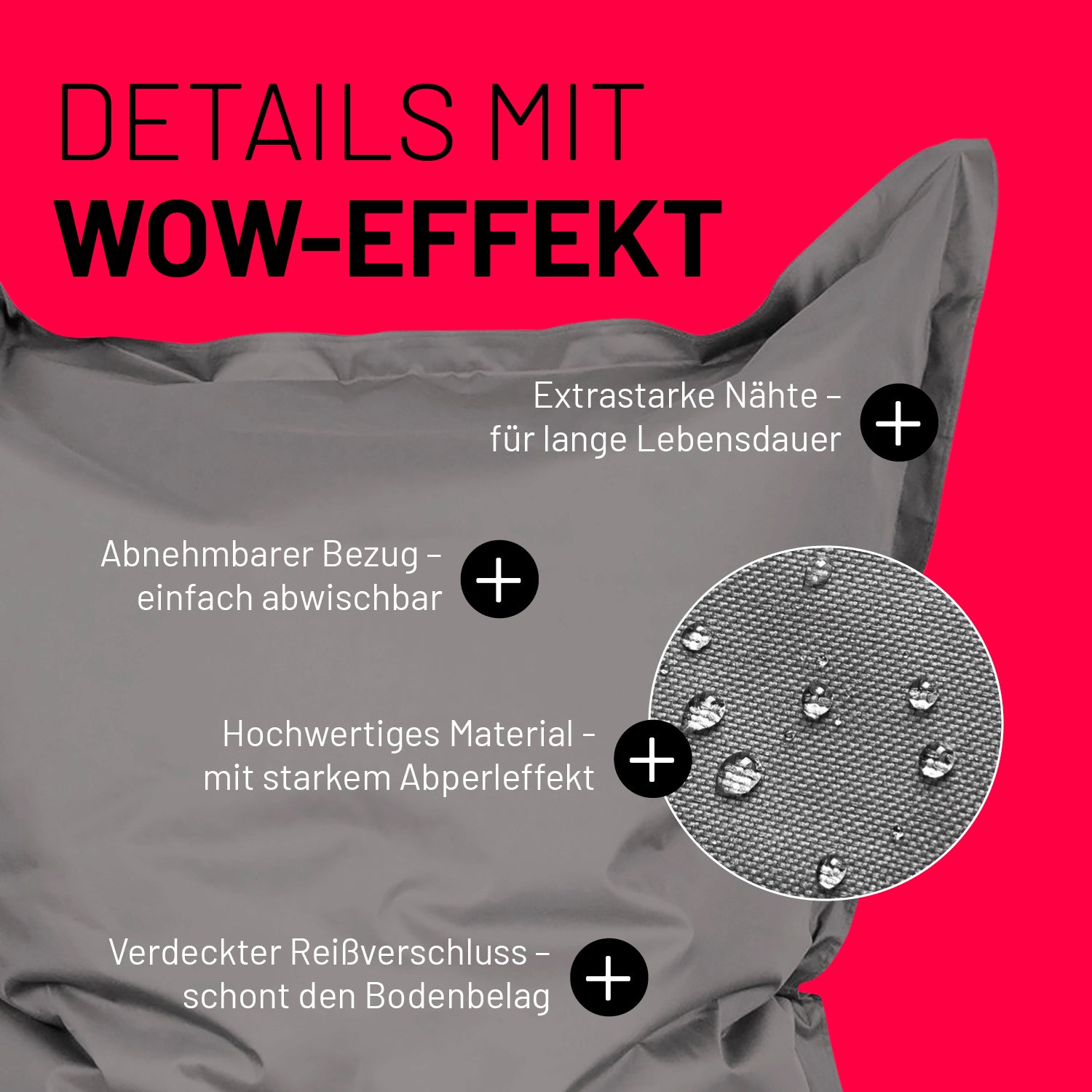 Sitzsack Classic XXL (380 L) Grau mit abnehmbarem Bezug, starkem Abperleffekt, extrastarken Nähten und verdecktem Reißverschluss.