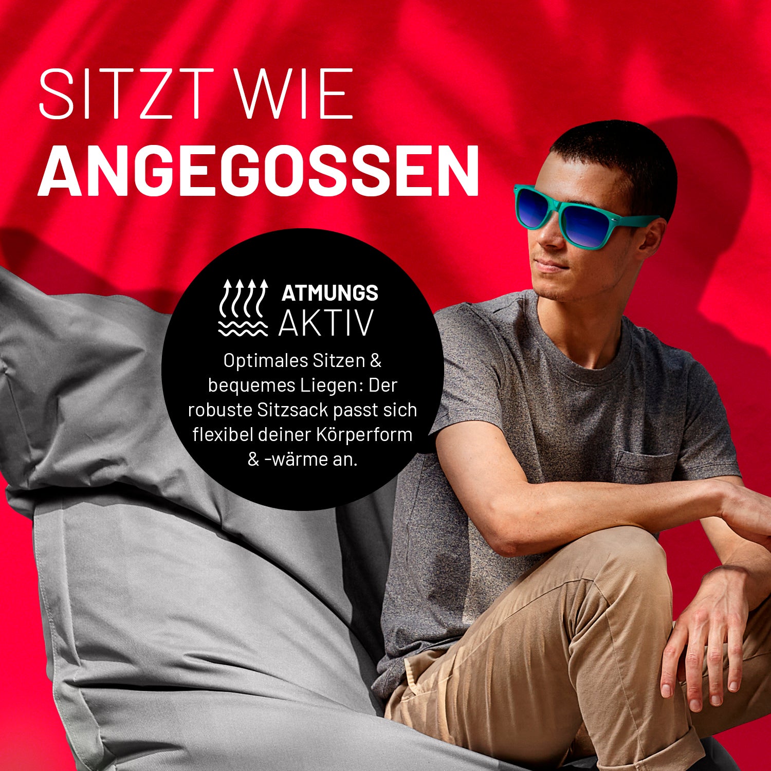 Sitzsack Classic XXL (380 L) Grau mit atmungsaktivem Material, passt sich Körperform und -wärme flexibel an, ideal für drinnen und draußen.